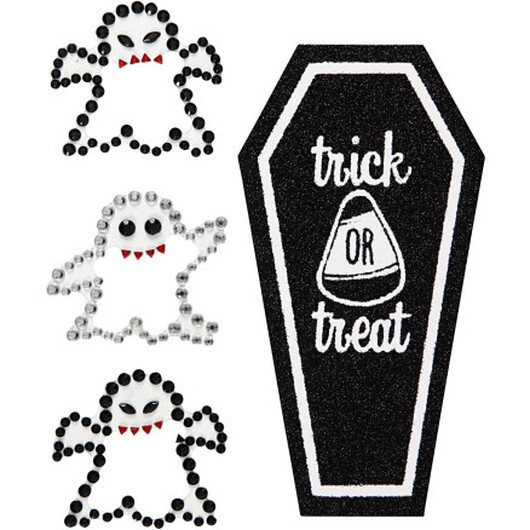 Rhinestone-klistermärken, spöken och kista, ark 14x17 cm, 1 ark