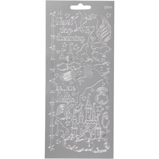Stickers, enhörning, ark 10x23 cm, silver, 1 ark