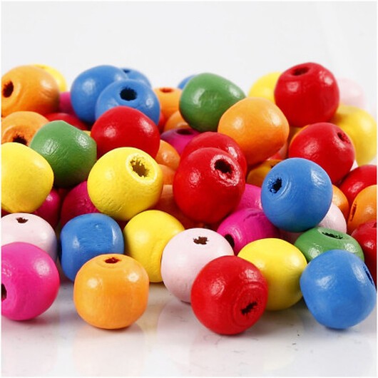 Träpärlor, Dia. 10 mm, Hålstl. 2,5-3 mm, ca. 1500 st., mixade färger, 500 g/ 1 påse