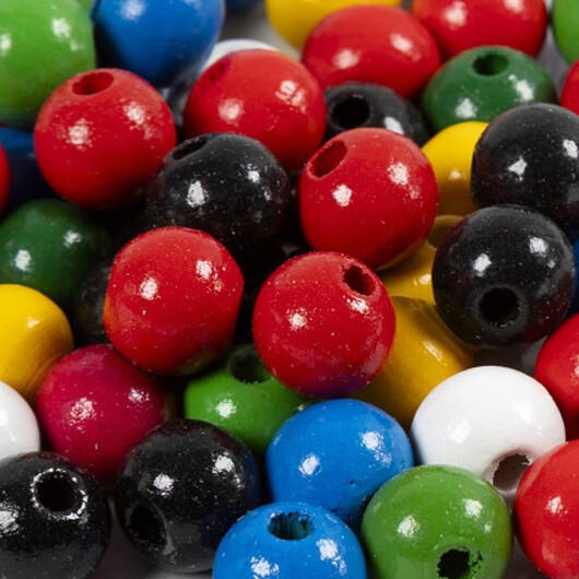 Träpärlor, Dia. 10 mm, Hålstl. 3 mm, ca. 70 mix., mixade färger, 20 g/ 1 förp.