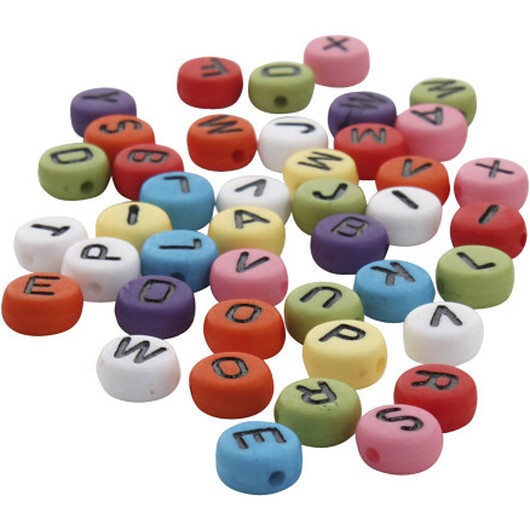Runda bokstavspärlor, diam. 7 mm, hålstorlek 1-2 mm, tjocklek 4 mm, Ass. färger, 500g/ 1 frp.