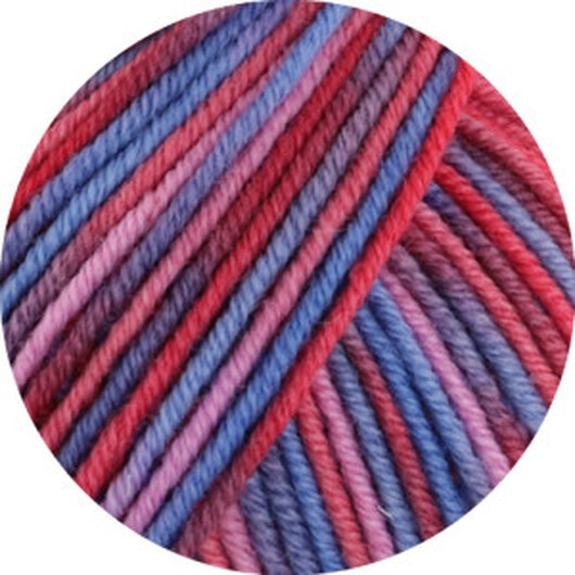 Lana Grossa Cool Wool Garn Print 836 Lila/Lila Rosa/Due/Violett Blå/Mörkröd/Mörk Röd