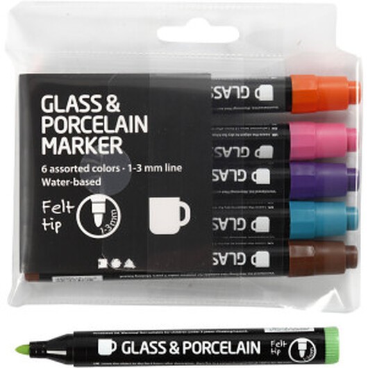 Tuschpennor för Glas och Porslin, spets 1-3 mm, semi opaque, kompletterande färger, 6 st./ 1 förp.