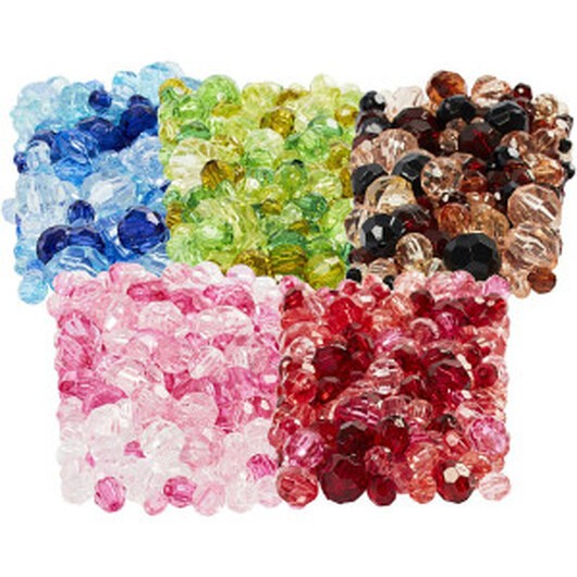 Facettpärlor, Dia. 4-12 mm, Hålstl. 1-2,5 mm, mixade färger, 7x250 g/ 1 förp.