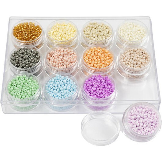 Rocai-pärlor, diam. 3 mm, storlek 8/0, hålstorlek 0,6-1,0 mm, pastellfärger, 12x17g/ 1 frp.