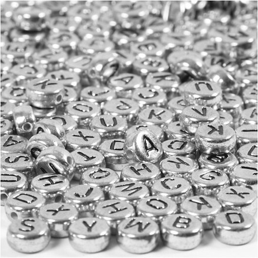 Bokstavspärlor, diam. 7 mm, hålstorlek 1,2 mm, silver, 21g/ 1 frp.