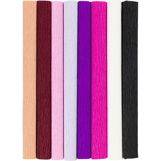 Kräppapper, ark 25x60 cm, Stretchbarhet: 180%, 105 g, lila/pink harmoni, 8 ark/ 1 förp.