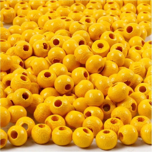 Träpärlor, diam. 5 mm, hålstorlek 1,5 mm, gul, 6g/ 1 frp.