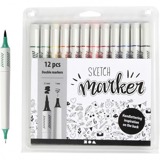 Sketch Marker, spets: 1+2-5 mm, 12 st., ass. färger