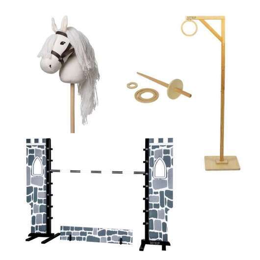 By Astrup käpphäst set med ringriddarutrustning, riddarhopp och käpphäst - vit