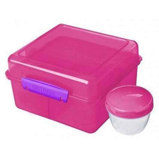 Sistema Matlåda - Lunch Cube Max - Fackindelad i 2 lager med bägare - 2L - Rosa med lila klämmor.