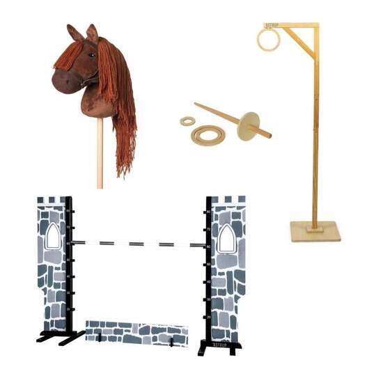 By Astrup käpphäst set med ringriddarutrustning, riddarhopp och käpphäst - brun