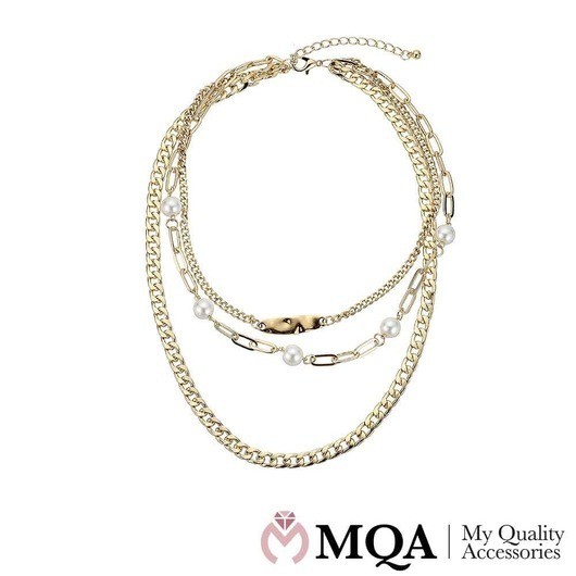 Halsband, 3-i-1 w/olika kedjor, guldfärgad, pärlor, hänge, justerbar