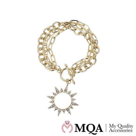 Armband, guldfärgat, 3-i-1, sol med glittrande sten, växlingslås