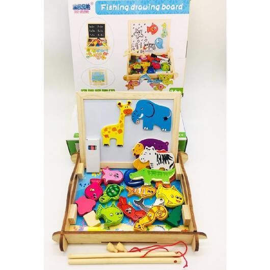 Magnetisk fiskesjö med svart tavla & whiteboard (dubbelsidig) med träfigurer