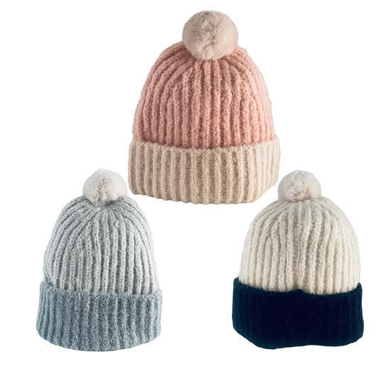 Trendig stickad mössa med tofs och uppvikbar kant - Grå-grå