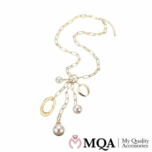 Halsband guldfärgat, hänge med 3 pärlor och 2 ringar