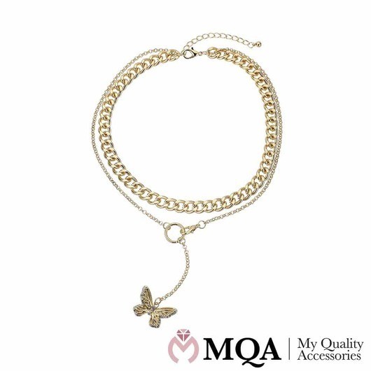 Halsband guldfärgat, dubbelt, med fjäril med glittrande sten, justerbart