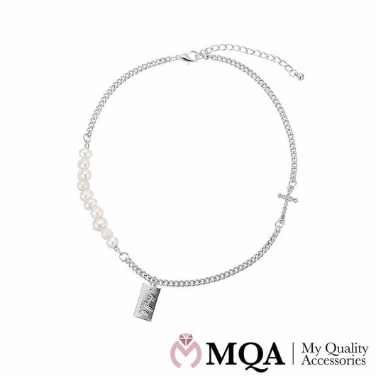 Halsband silverfärgat, pärlor, kors med glassten, silverhänge, justerbart