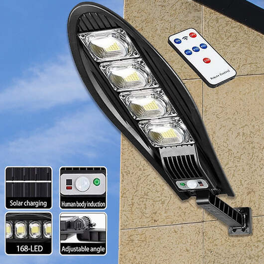LED Gatubelysning 60W - 168LED med PIR (infraröd rörelsesensor) inkl. fjärrkontroll - solcellsdrivet ljus -