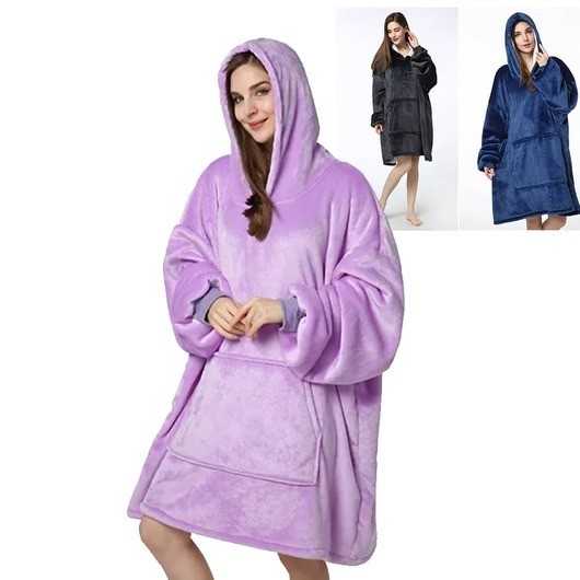 Mysig pläd med ärmar, huva & ficka - 200 x 150 cm - Lila