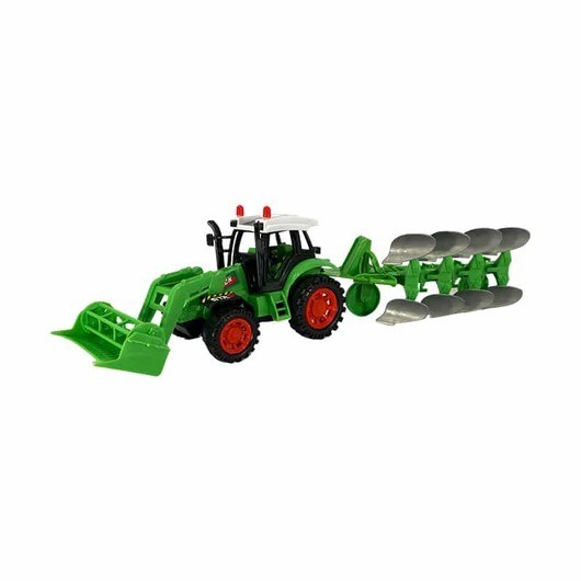 Traktor med plog och frontlastare - grön eller röd från Farmworld
