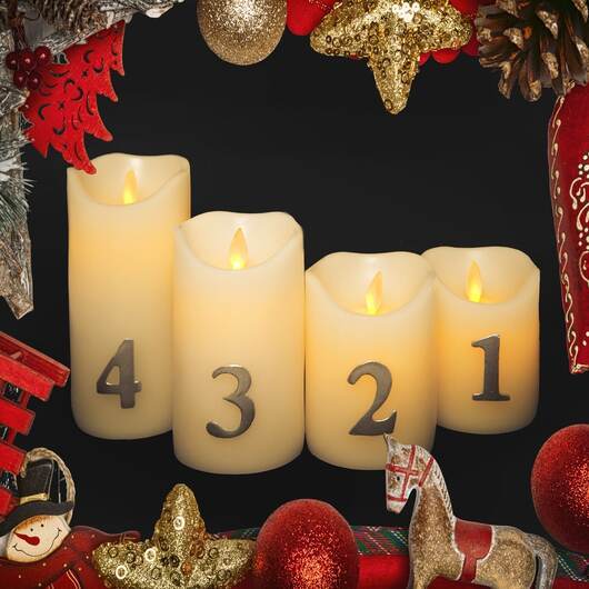 Adventsljus LED - 4 st. - 9/10/12,5/15 cm - m/3D låga