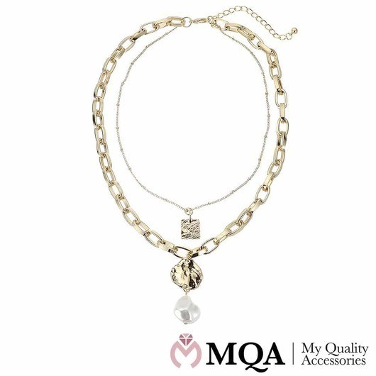 Halsband guldfärgat, dubbel-, pärl- och tallrikshänge, justerbart