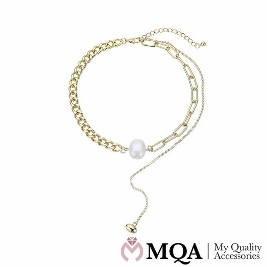 Halsband guldfärgat, pärla, lång lös kedja med boll, justerbart