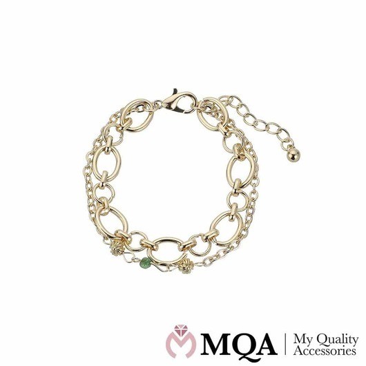 Armband, dubbel, guldfärgad med liten grön sten, justerbarÂ 