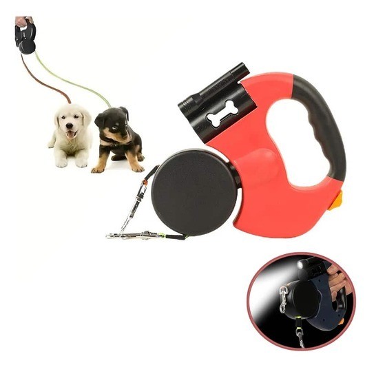 Dubbel Hundkoppel med Inbyggd LED-Belysning och Hundpåsehållare - Röd