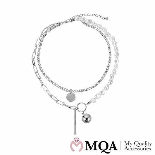 Halsband dubbel, silver, pärlor, justerbar