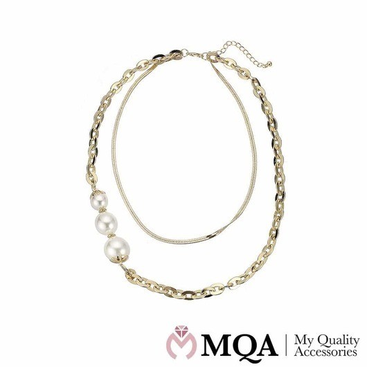 Halsband guldfärgat, dubbelt, med 3 pärlor, justerbart