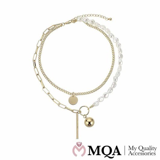 Halsband dubbel, guldfärgad, pärlor, boll & mynthänge, justerbar