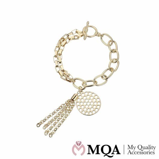 Armband, guld i färg, tofshänge och hålmynt, justerbartÂ 