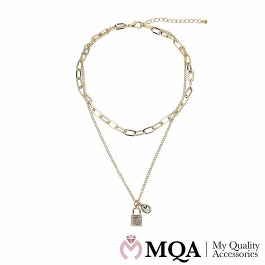 Halsband guldfärgat, dubbel, litet hjärta och hänglås, justerbart