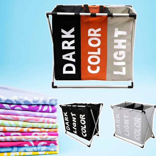 Hopvikbar tvättkorg med 3-delar för tvättsortering - Svart