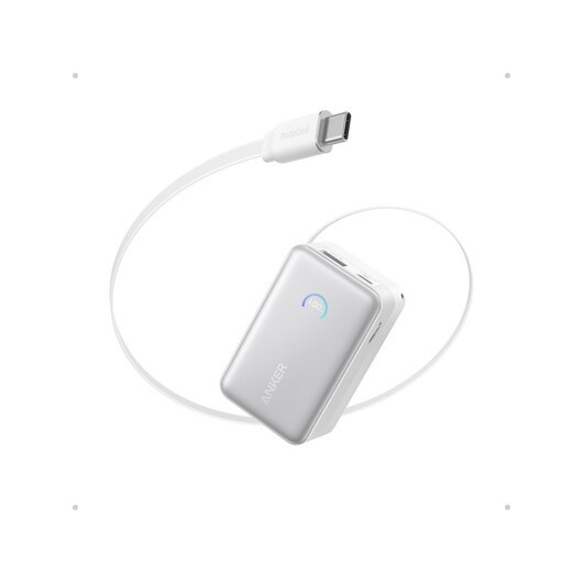 Anker Nano Power Bank (10K 45W Built-In Retractable USB-C Cable) - White PowerBank - Vit - 10000 mAh