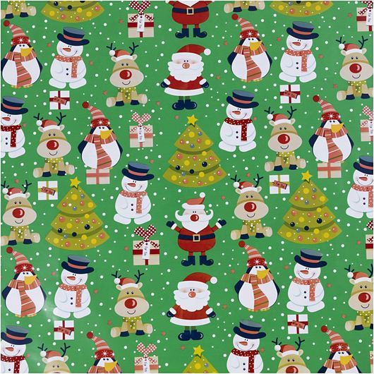 Presentpapper, Jultomte, julgran, julklapp, renar, snögubbe och pingvin, B: 50 cm, 80 g, grön, 5 m/ 1 rl.