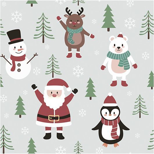 Presentpapper, Jultomte, snögubbe, renar, isbjörn och pingvin, B: 50 cm, 80 g, isblå, 5 m/ 1 rl.